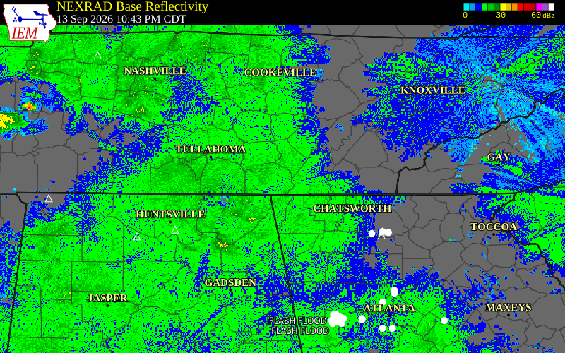 Current NEXRAD radar over Marion County, Tennessee with recent storm report locations