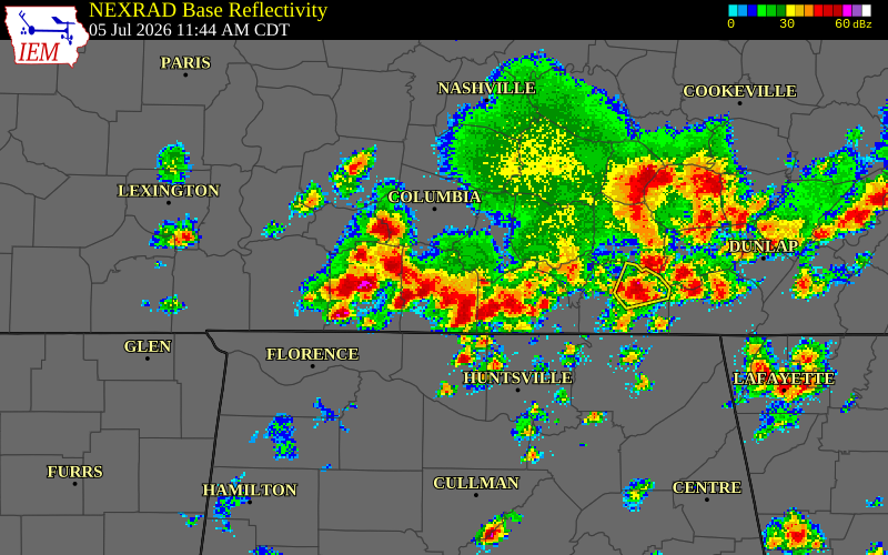 NEXRAD radar during the Sunday, July 5, 2026 storm activity in Marshall County, Tennessee