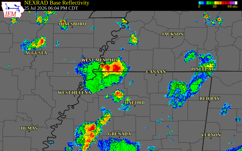 NEXRAD radar during the Saturday, July 25, 2026 storm activity in Marshall County, Tennessee
