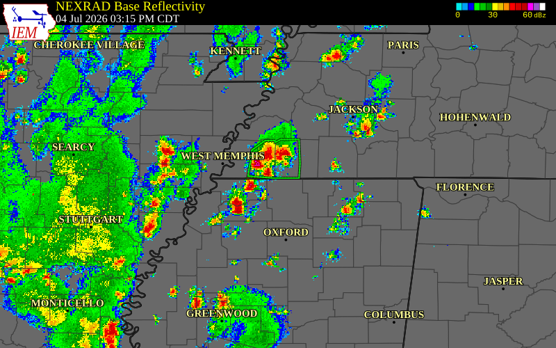 Radar snapshot during the Jul 4, 2026 wind event near Marshall County, Marshall County, Tennessee, with NWS warning polygons