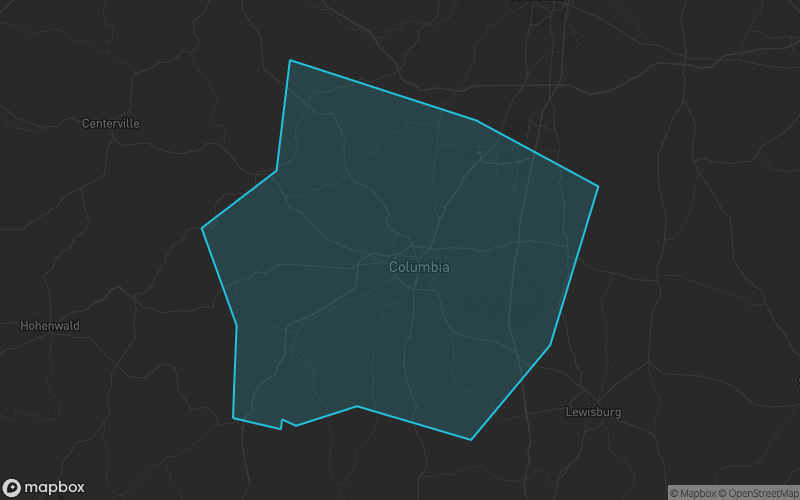 Map of Maury County, Tennessee showing the county boundary and surrounding cities