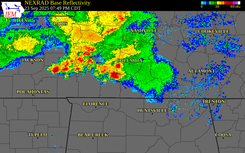 NEXRAD radar during the Tuesday, September 23, 2025 storm activity in Maury County, Tennessee