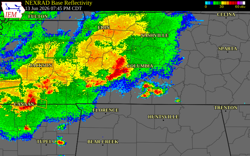 NEXRAD radar during the Saturday, June 13, 2026 storm activity in Maury County, Tennessee