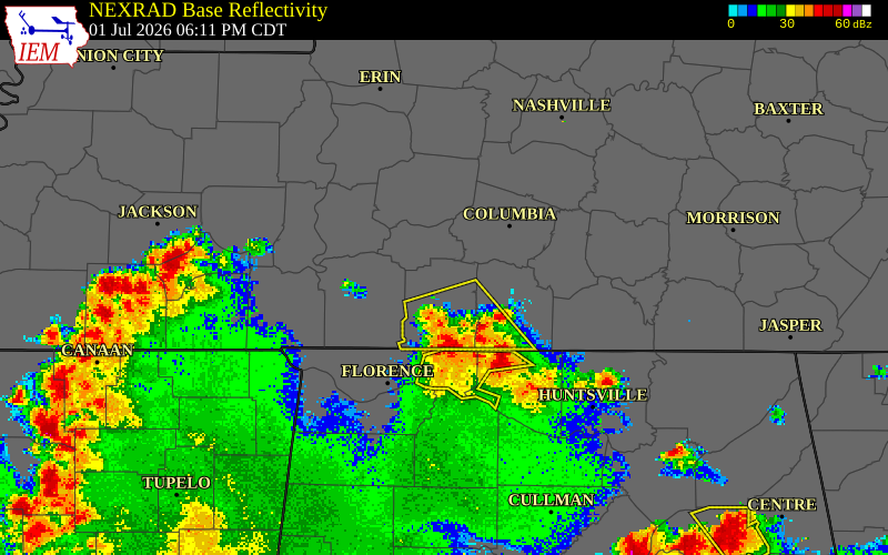NEXRAD radar during the Wednesday, July 1, 2026 storm activity in Maury County, Tennessee