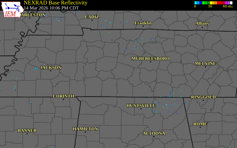 Radar snapshot during the Mar 14, 2026 tornado event near 1 NE Mount Pleasant, Maury County, Tennessee, with NWS warning polygons