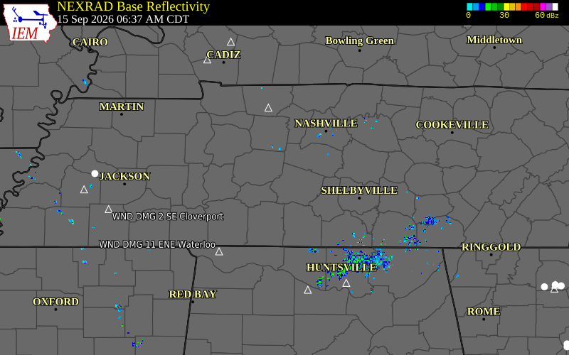 Current NEXRAD radar over Maury County, Tennessee with recent storm report locations