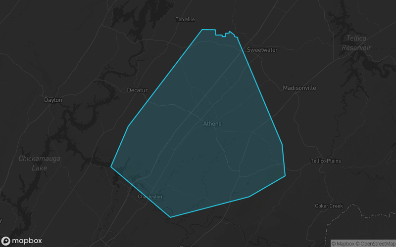 Map of McMinn County, Tennessee showing the county boundary and surrounding cities