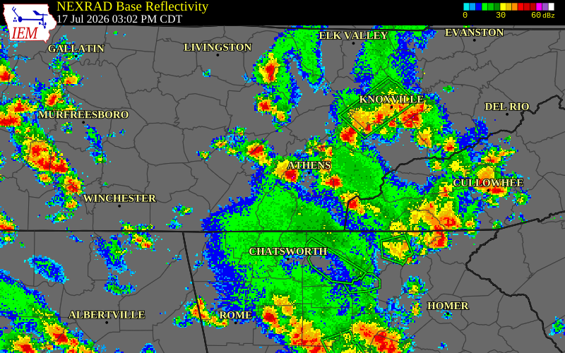 NEXRAD radar during the Friday, July 17, 2026 storm activity in McMinn County, Tennessee