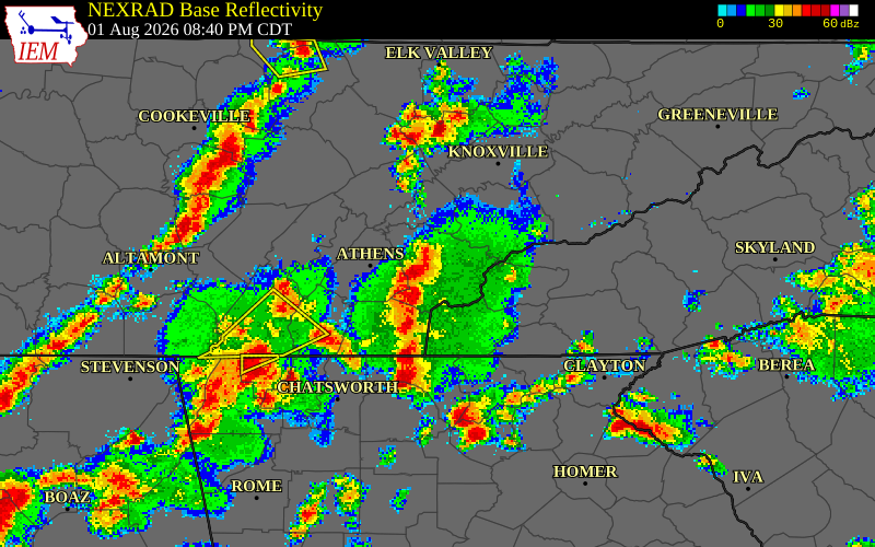 NEXRAD radar during the Saturday, August 1, 2026 storm activity in McMinn County, Tennessee