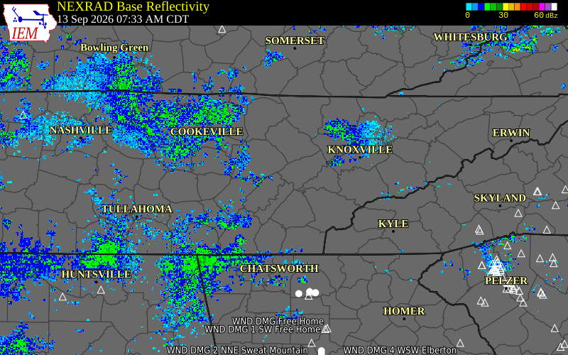 Current NEXRAD radar over McMinn County, Tennessee with recent storm report locations