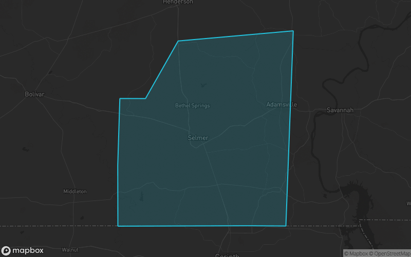 Map of McNairy County, Tennessee showing the county boundary and surrounding cities