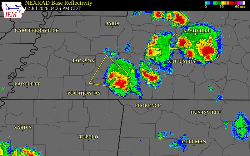 NEXRAD radar during the Thursday, July 2, 2026 storm activity in McNairy County, Tennessee