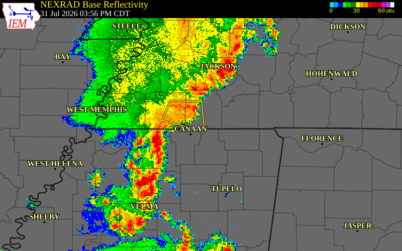 NEXRAD radar during the Friday, July 31, 2026 storm activity in McNairy County, Tennessee