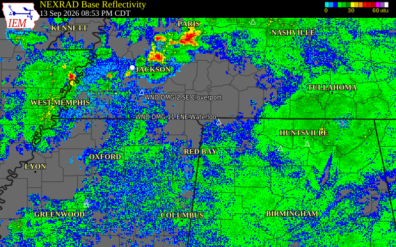 Current NEXRAD radar over McNairy County, Tennessee with recent storm report locations