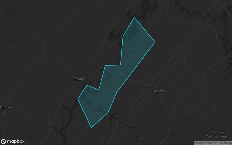 Map of Meigs County, Tennessee showing the county boundary and surrounding cities