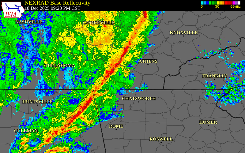 NEXRAD radar during the Thursday, December 18, 2025 storm activity in Meigs County, Tennessee