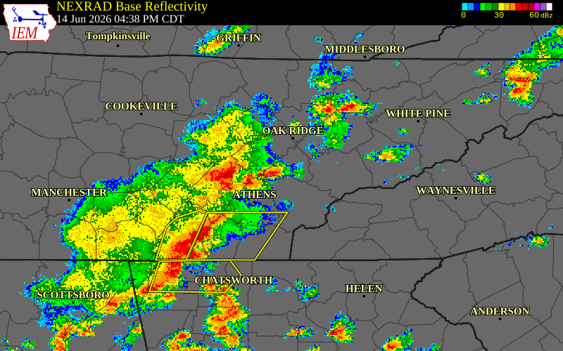 NEXRAD radar during the Sunday, June 14, 2026 storm activity in Meigs County, Tennessee