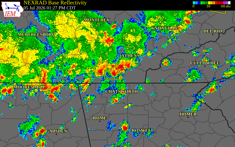 NEXRAD radar during the Sunday, July 5, 2026 storm activity in Meigs County, Tennessee
