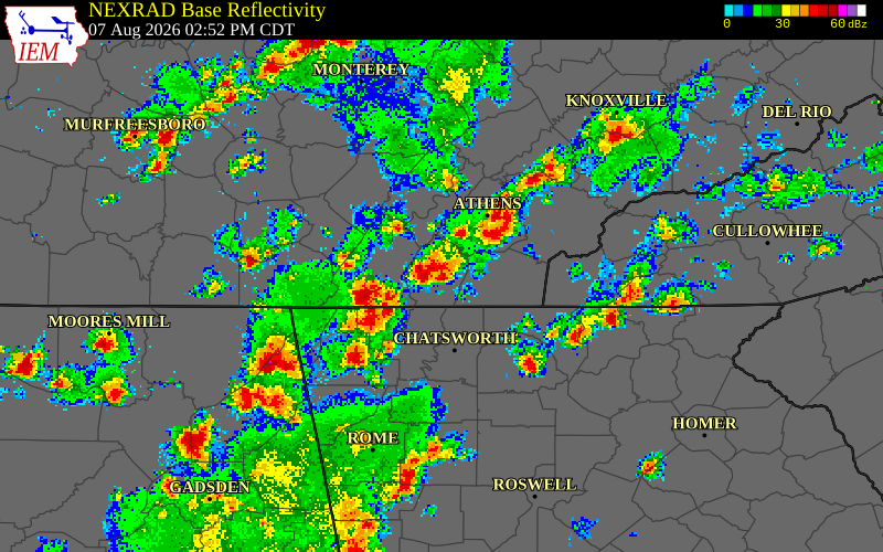 NEXRAD radar during the Friday, August 7, 2026 storm activity in Meigs County, Tennessee