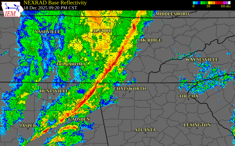 Radar snapshot during the Dec 18, 2025 wind event near Meigs County, Meigs County, Tennessee, with NWS warning polygons