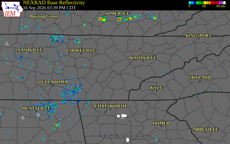 Current NEXRAD radar over Meigs County, Tennessee with recent storm report locations