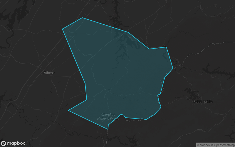 Map of Monroe County, Tennessee showing the county boundary and surrounding cities