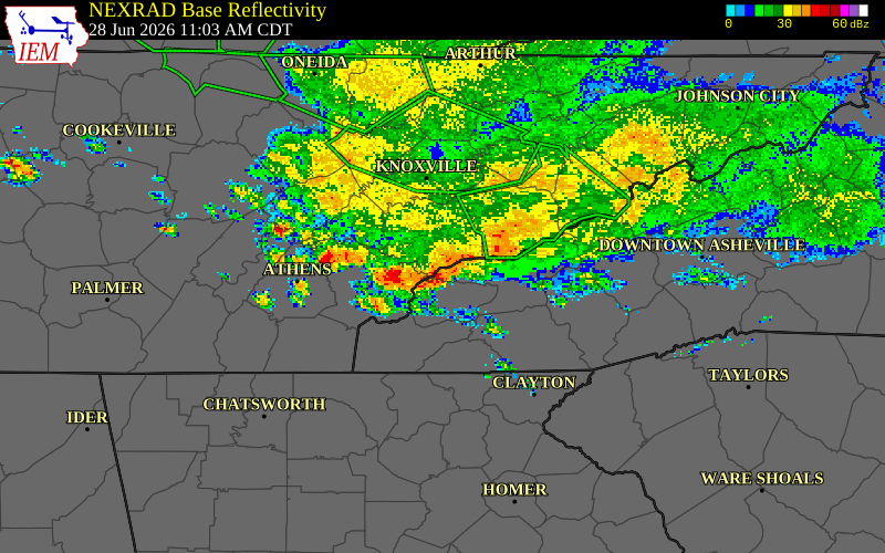 NEXRAD radar during the Sunday, June 28, 2026 storm activity in Monroe County, Tennessee