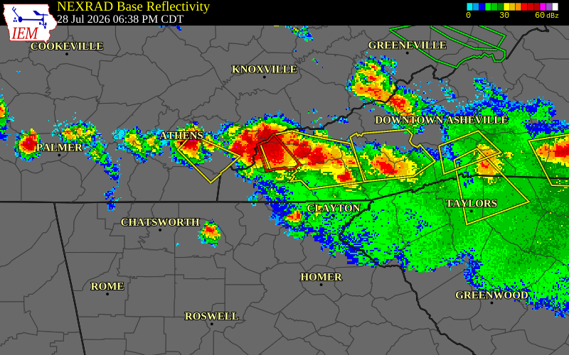NEXRAD radar during the Tuesday, July 28, 2026 storm activity in Monroe County, Tennessee