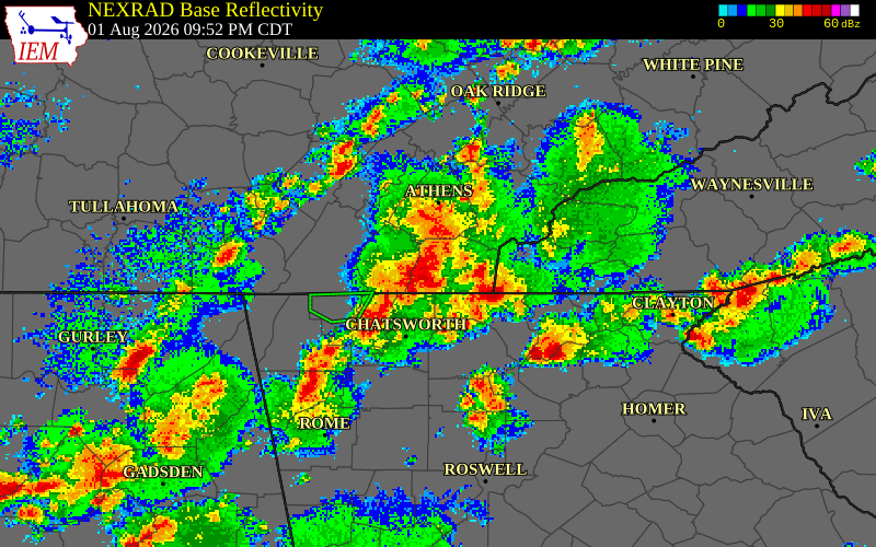 NEXRAD radar during the Saturday, August 1, 2026 storm activity in Monroe County, Tennessee