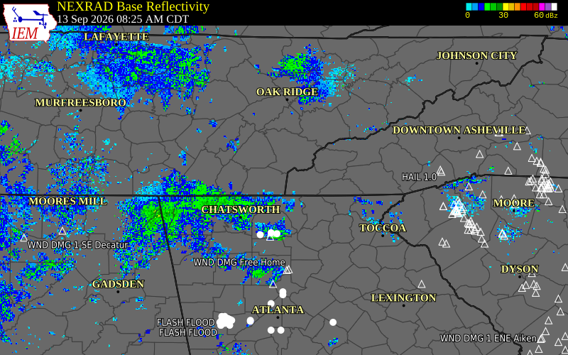 Current NEXRAD radar over Monroe County, Tennessee with recent storm report locations
