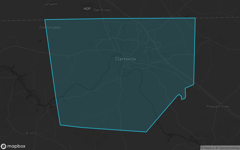 Map of Montgomery County, Tennessee showing the county boundary and surrounding cities