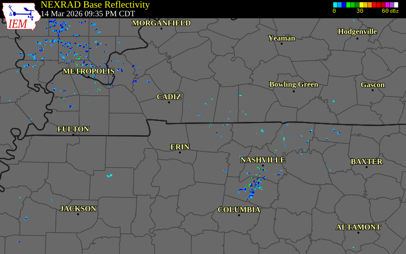 NEXRAD radar during the Saturday, March 14, 2026 storm activity in Montgomery County, Tennessee