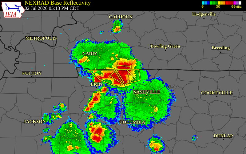 NEXRAD radar during the Thursday, July 2, 2026 storm activity in Montgomery County, Tennessee