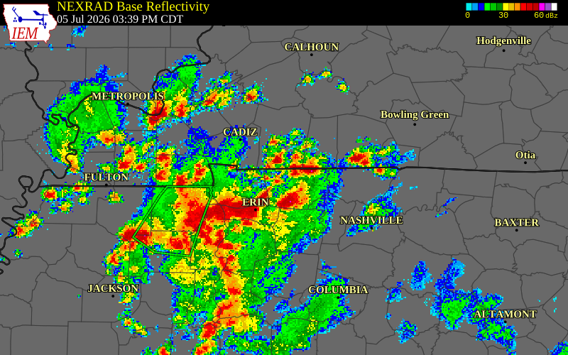 NEXRAD radar during the Sunday, July 5, 2026 storm activity in Montgomery County, Tennessee