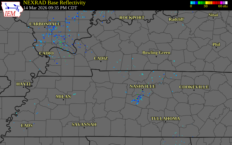 Radar snapshot during the Mar 14, 2026 tornado event near 4 NE Woodlawn, Montgomery County, Tennessee, with NWS warning polygons
