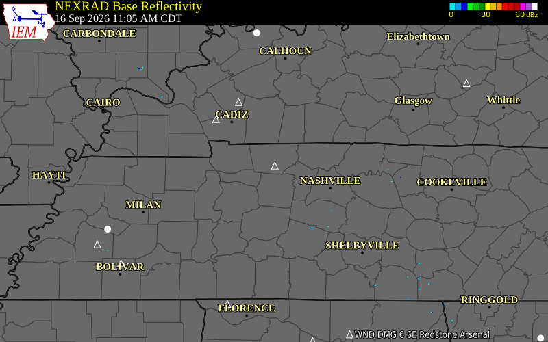 Current NEXRAD radar over Montgomery County, Tennessee with recent storm report locations
