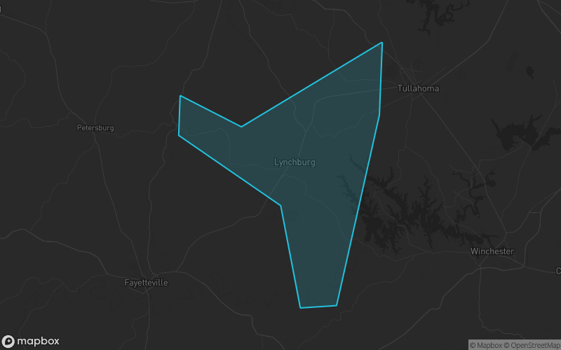 Map of Moore County, Tennessee showing the county boundary and surrounding cities