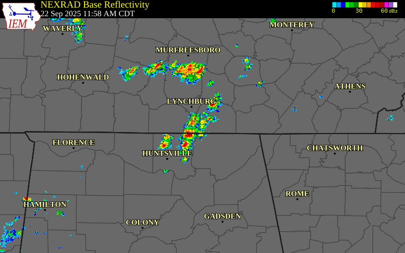 NEXRAD radar during the Monday, September 22, 2025 storm activity in Moore County, Tennessee