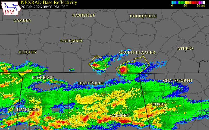 NEXRAD radar during the Thursday, February 26, 2026 storm activity in Moore County, Tennessee