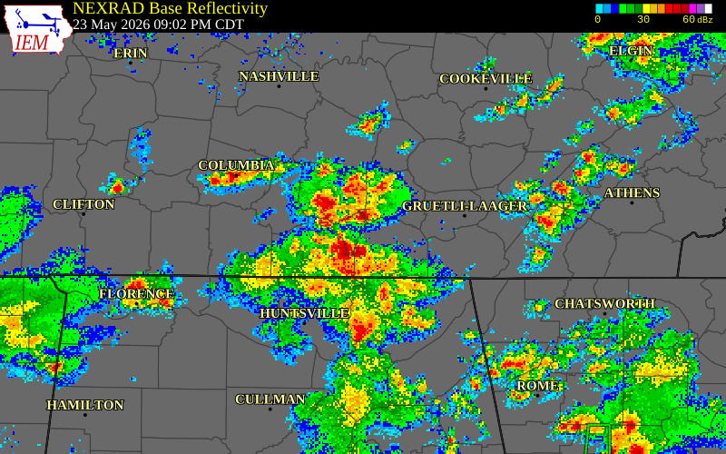 NEXRAD radar during the Saturday, May 23, 2026 storm activity in Moore County, Tennessee