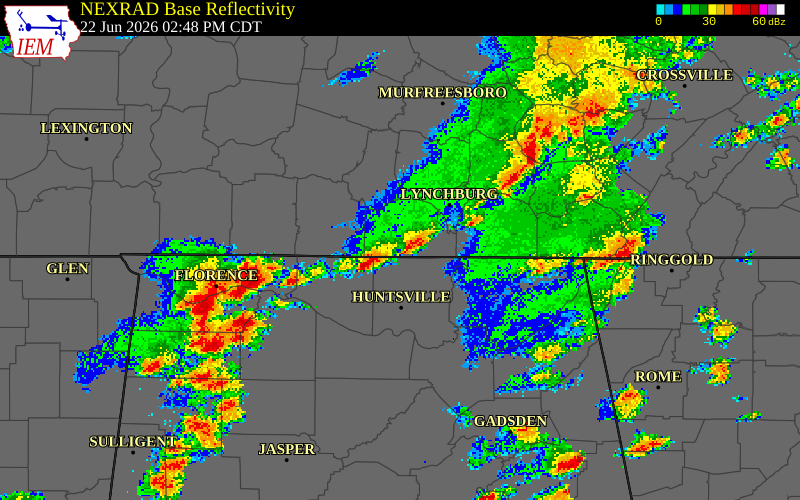 NEXRAD radar during the Monday, June 22, 2026 storm activity in Moore County, Tennessee