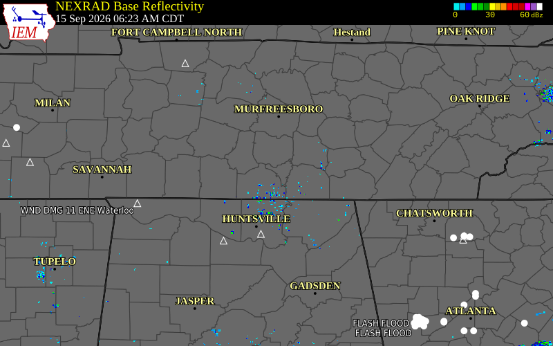 Current NEXRAD radar over Moore County, Tennessee with recent storm report locations