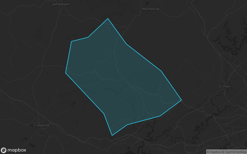 Map of Morgan County, Tennessee showing the county boundary and surrounding cities