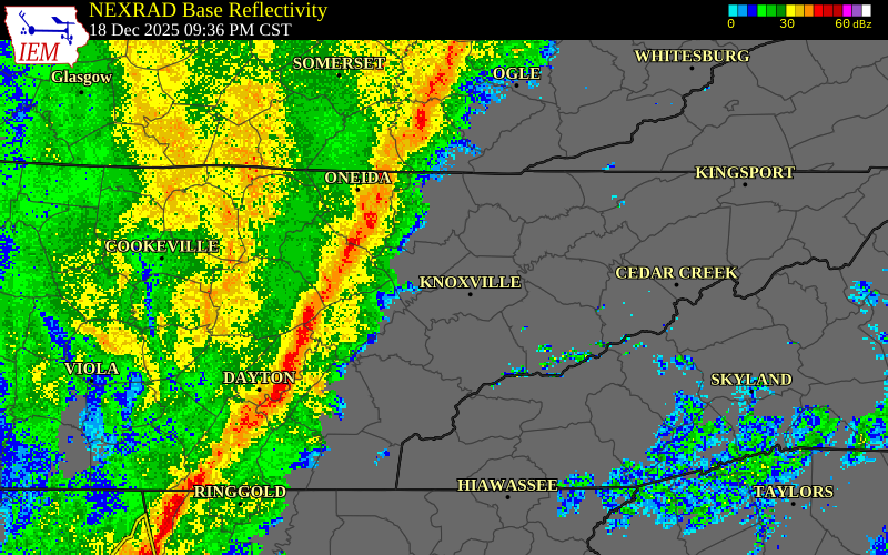NEXRAD radar during the Thursday, December 18, 2025 storm activity in Morgan County, Tennessee