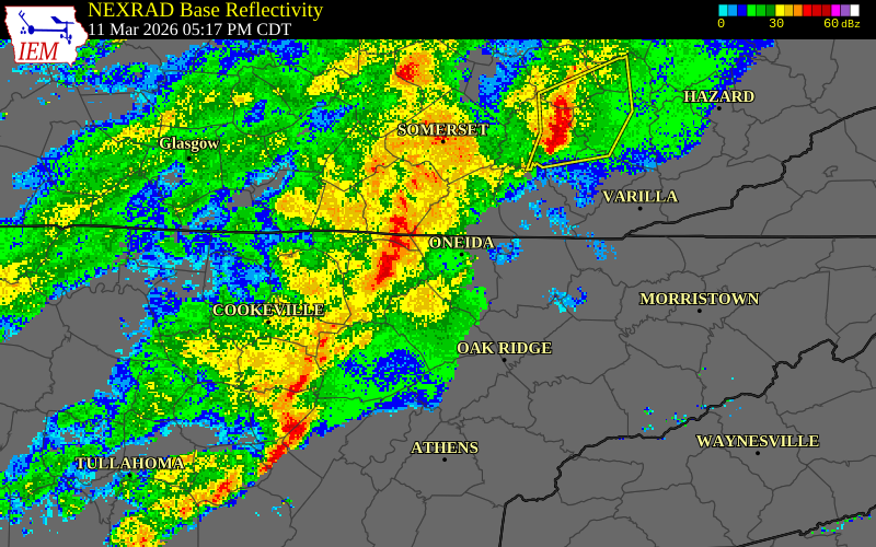NEXRAD radar during the Wednesday, March 11, 2026 storm activity in Morgan County, Tennessee