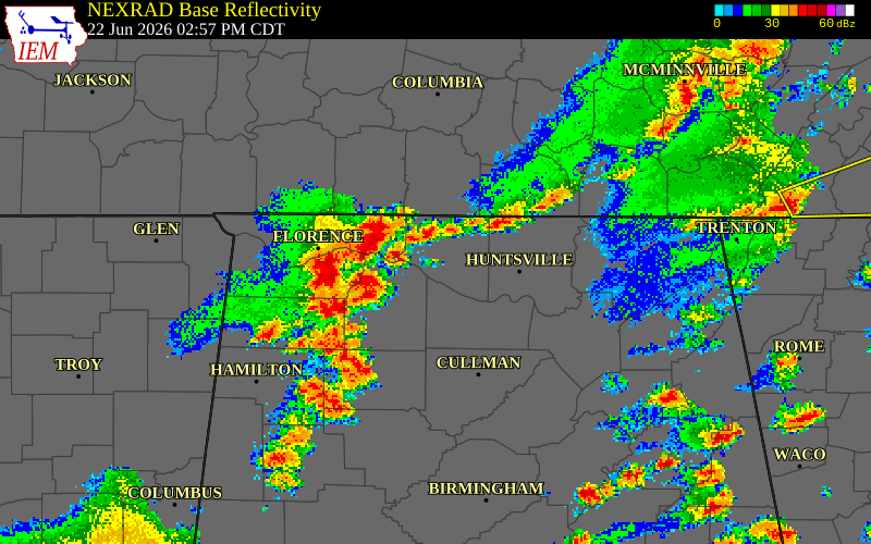 NEXRAD radar during the Monday, June 22, 2026 storm activity in Morgan County, Tennessee