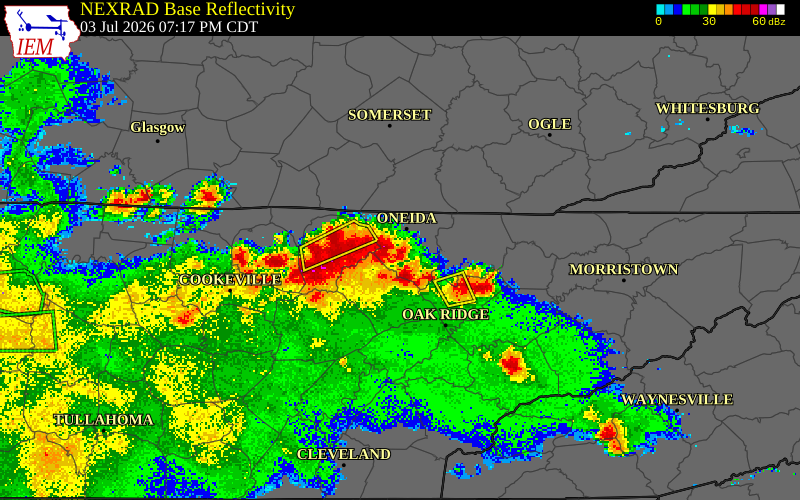 NEXRAD radar during the Friday, July 3, 2026 storm activity in Morgan County, Tennessee