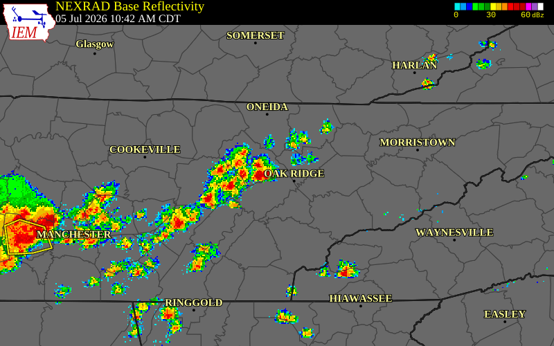 NEXRAD radar during the Sunday, July 5, 2026 storm activity in Morgan County, Tennessee