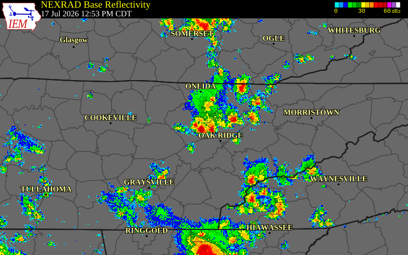 NEXRAD radar during the Friday, July 17, 2026 storm activity in Morgan County, Tennessee