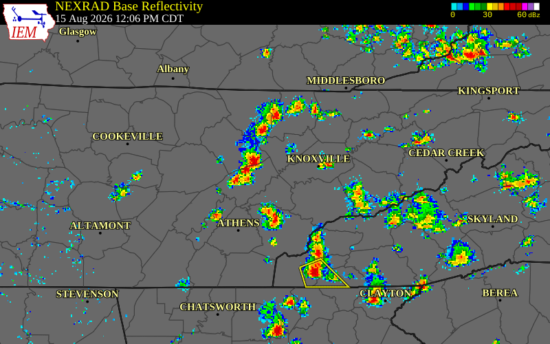 NEXRAD radar during the Saturday, August 15, 2026 storm activity in Morgan County, Tennessee